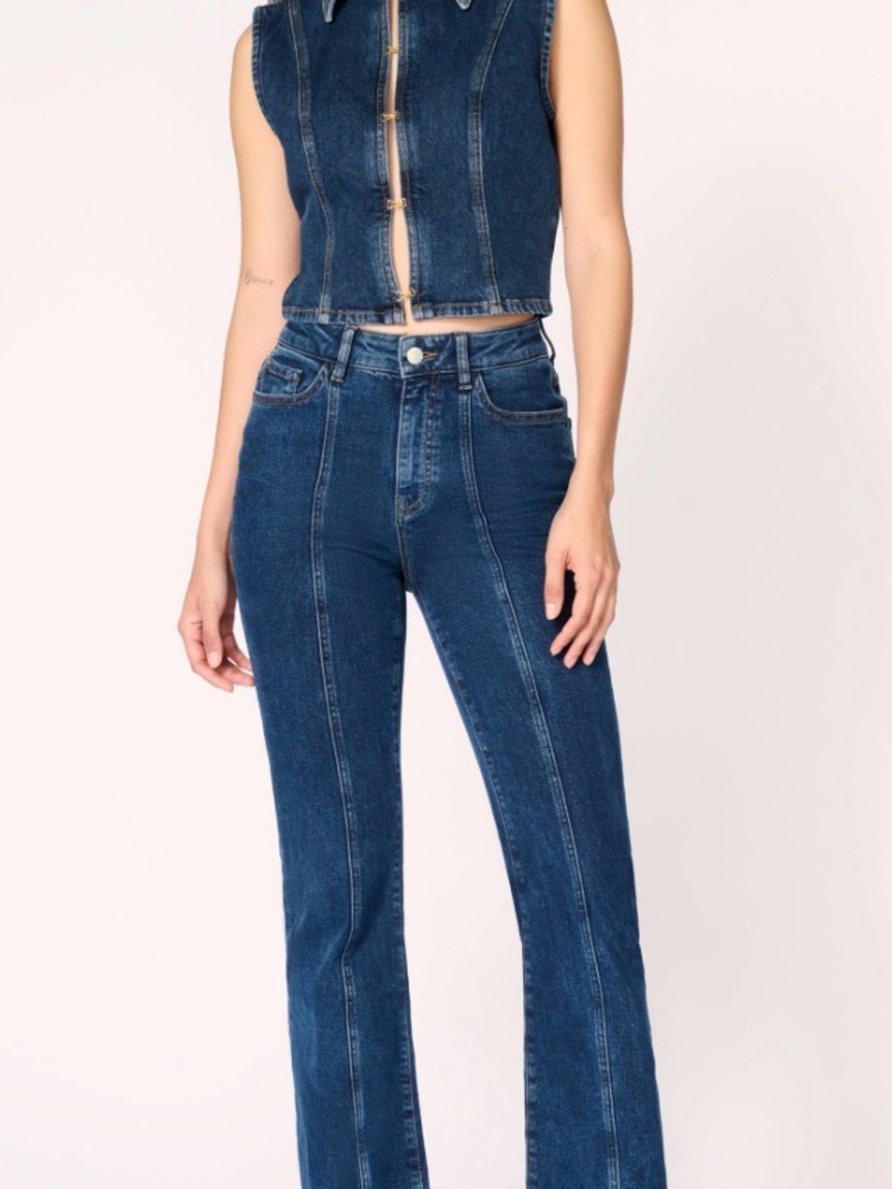 Warp + Weft Dark Blue Seam-Front Jeans: Mia Prescott Flares